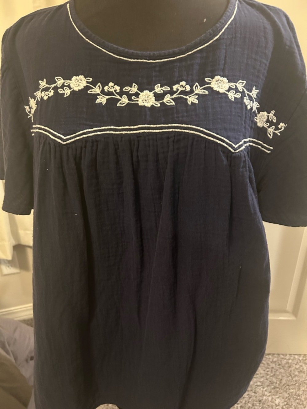 Lane Bryant Navy Short-Sleeve Embroidered Peasant Top